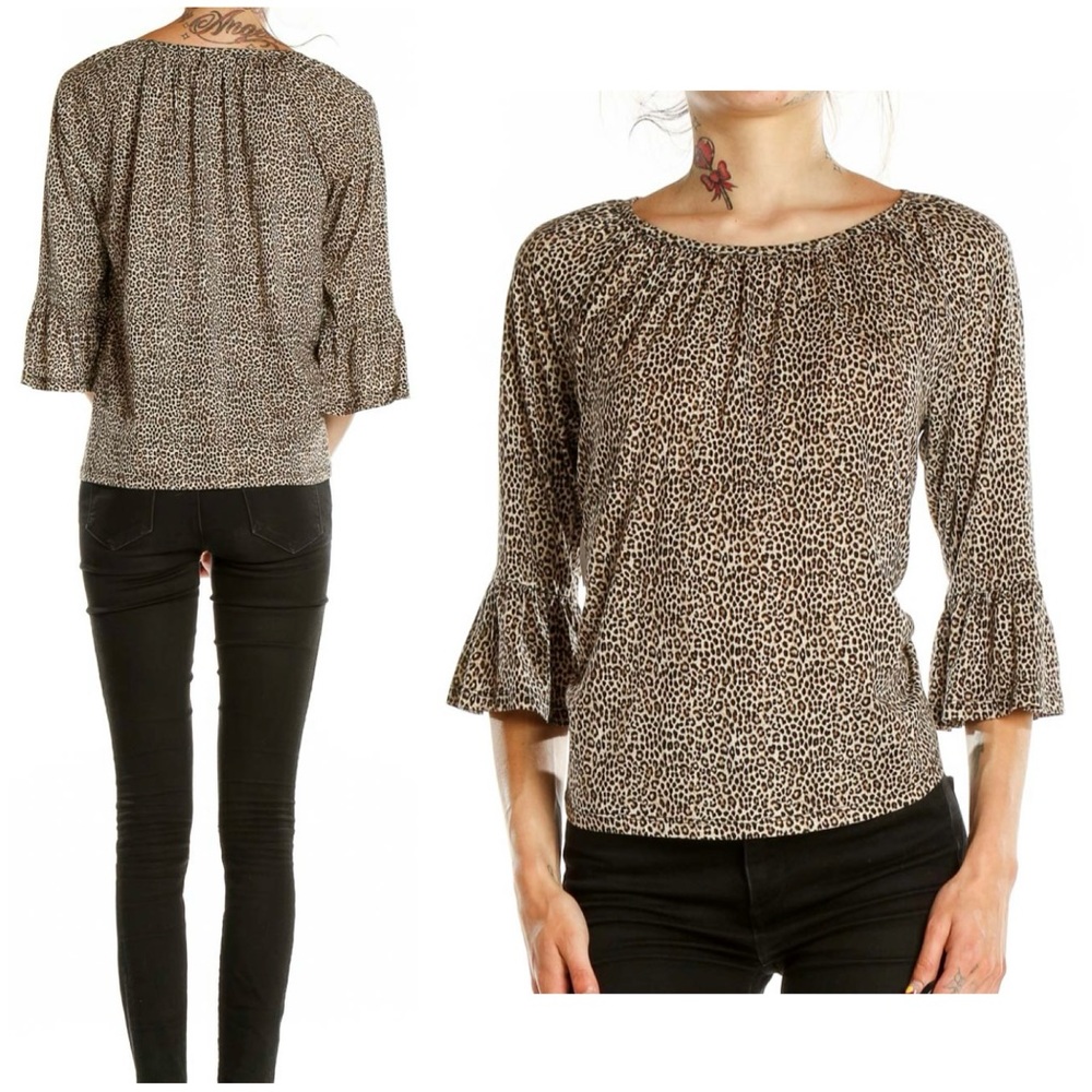 EUC Michael Kors Boat Neck Leopard Print 3/4 Bell Sleeve Top